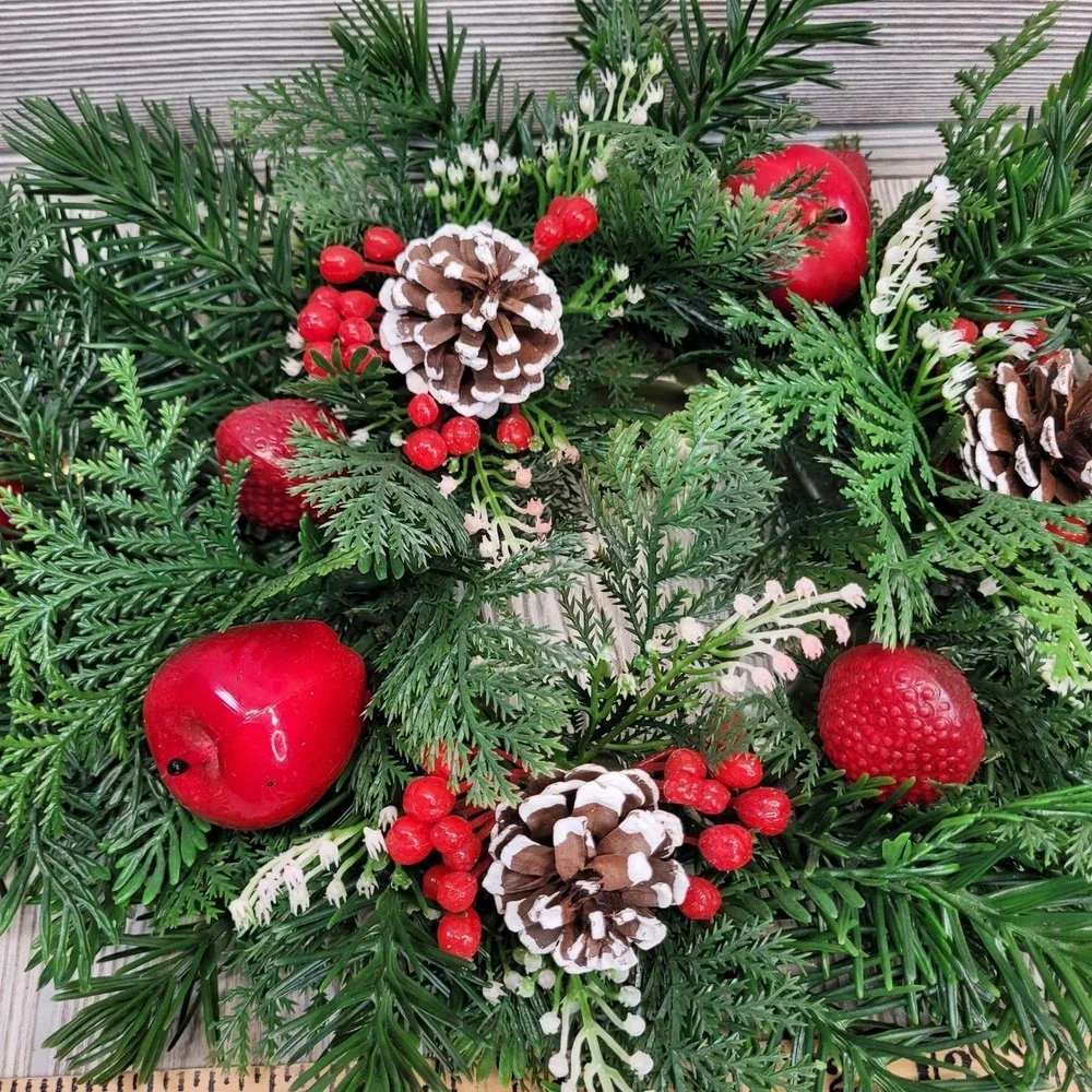 HOMCO Christmas Greenery Candle Ring Centerpiece Pine Cones Red Apples Berries‎